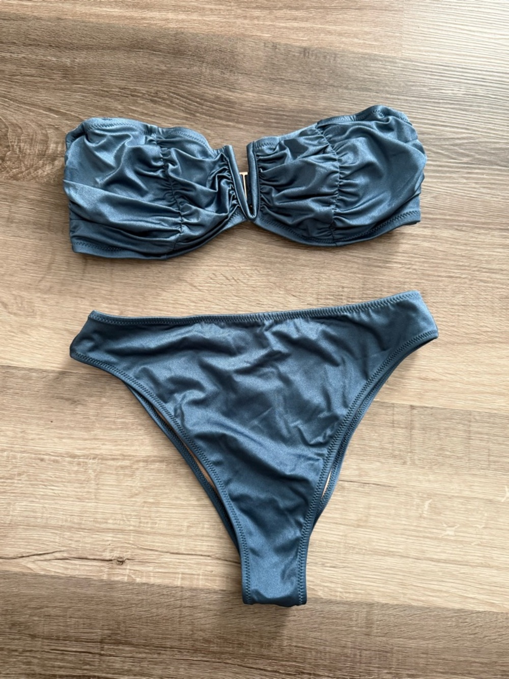 Shade & Shore Beige and Slate Blue Bikini Set Top 34D Bikini S